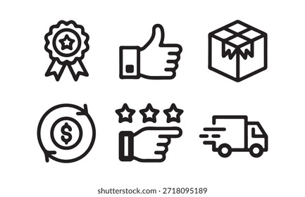 Un conjunto de seis iconos que representan el comercio electrónico y los conceptos de envío, incluyendo recompensas, Aprobación, embalaje, finanzas, calificaciones y entrega.
