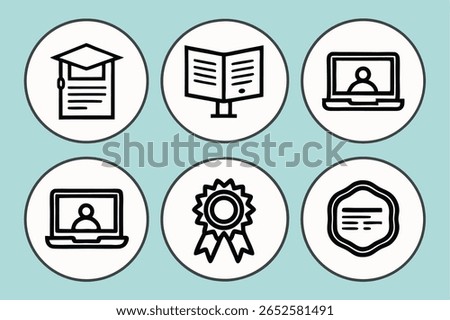 Set of six icons representing education online learning and achievement awards