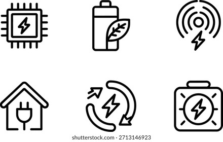 Conjunto de seis iconos que representan la energía renovable y la sostenibilidad