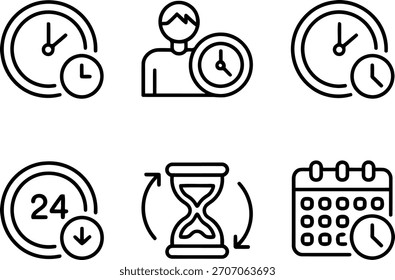 Conjunto de seis iconos que representan los conceptos de gestión del tiempo: rápido, espera, tiempo objetivo, 24 horas, espera y horario. Estilo simple del arte de la línea en un fondo blanco.