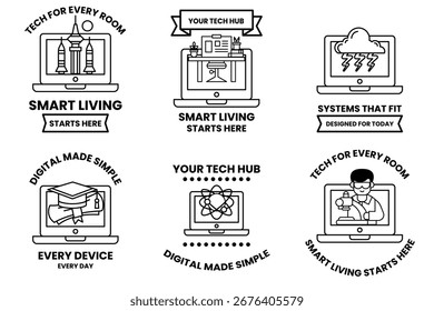A set of six icons for smart devices. The icons are all black and white. The first icon is a laptop