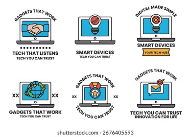 Um conjunto de seis ícones para dispositivos inteligentes. Os ícones estão todos em preto e branco. O primeiro ícone é um laptop