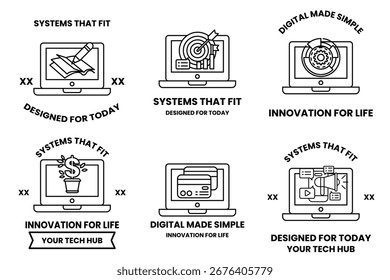 Um conjunto de seis ícones para dispositivos inteligentes. Os ícones estão todos em preto e branco. O primeiro ícone é um laptop