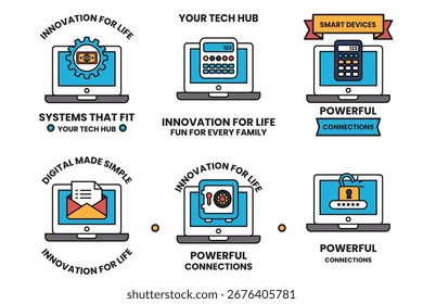 Un conjunto de seis iconos para dispositivos inteligentes. Los iconos son todos en blanco y negro. El primer icono es un portátil