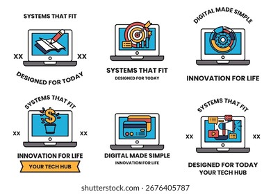 Um conjunto de seis ícones para dispositivos inteligentes. Os ícones estão todos em preto e branco. O primeiro ícone é um laptop
