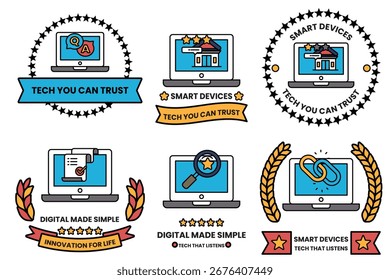 Un conjunto de seis iconos para dispositivos inteligentes. Los iconos son todos en blanco y negro. El primer icono es un portátil