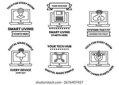 A set of six icons for smart devices. The icons are all black and white. The first icon is a laptop