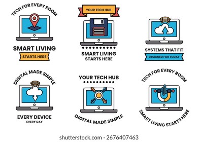 A set of six icons for smart devices. The icons are all black and white. The first icon is a laptop