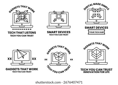 Un conjunto de seis iconos para dispositivos inteligentes. Los iconos son todos en blanco y negro. El primer icono es un portátil