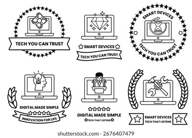 Un conjunto de seis iconos para dispositivos inteligentes. Los iconos son todos en blanco y negro. El primer icono es un portátil