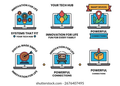 Um conjunto de seis ícones para dispositivos inteligentes. Os ícones estão todos em preto e branco. O primeiro ícone é um laptop
