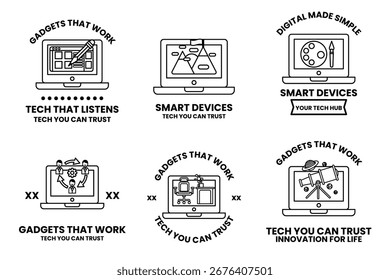 Un conjunto de seis iconos para dispositivos inteligentes. Los iconos son todos en blanco y negro. El primer icono es un portátil
