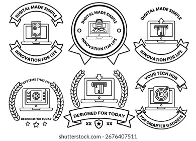 A set of six icons for smart devices. The icons are all black and white. The first icon is a laptop