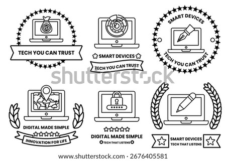 A set of six icons for smart devices. The icons are all black and white. The first icon is a laptop
