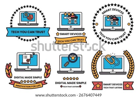 A set of six icons for smart devices. The icons are all black and white. The first icon is a laptop