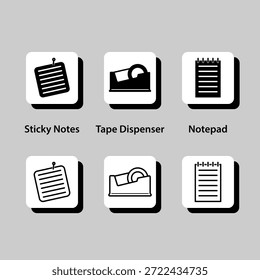 A set of six icons for various office supplies, including sticky notes