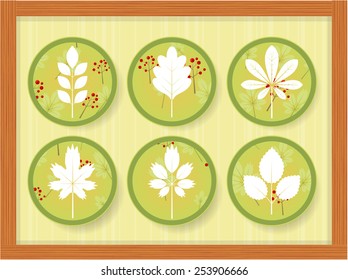 Set of six icons with white leaves