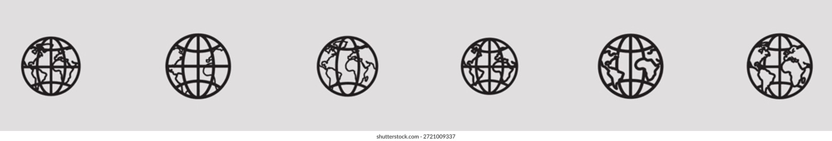 A set of six identical black globe icons with grid lines on a light gray background