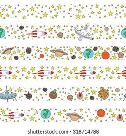 Set of six illustrated decorative borders made of stars and planets