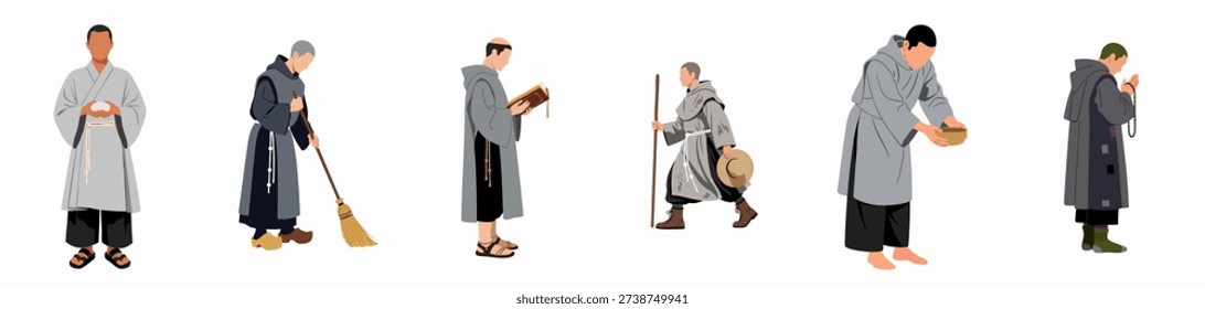 Set of six illustrated monks performing daily religious and ascetic tasks: prayer, study, sweeping, travel, and receiving alms in hooded robes.