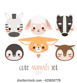 Set of six illustration of cartoon animals on white background. illustration of zebra, sheep, badger, penguin, fennec fox and owl. Can be used like sticker or for birthday cards and party invitations