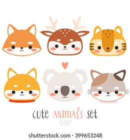 set of six illustration of cute cartoon animals. illustration of cute fox, deer, tiger, dog, koala and cat on white background. can be used for cards or birthday invitations