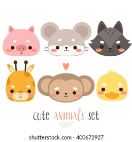 set of six illustration of cute cartoon animals. illustration of cute pig, mouse, wolf, giraffe, monkey and duck on white background. can be used for cards or birthday invitations