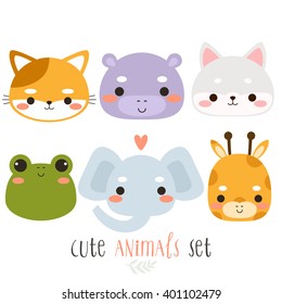 set of six illustration of cute cartoon animals. illustration of cute pig, mouse, wolf, giraffe, monkey and duck on white background. can be used for cards or birthday invitations