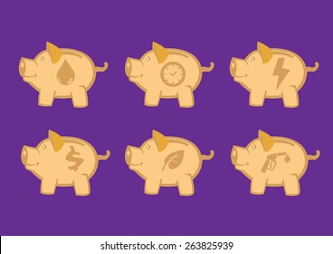 Set of six illustration of piggy banks in side view with conceptual symbols. Vector design elements for savings and conservation concepts isolated on purple background.
