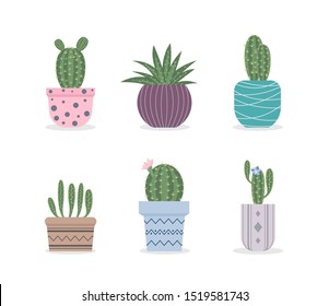 Set of six illustrations of cartoon cactuses and succulents. Can be used for invitations, cards or like stickers