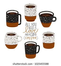 set of six illustrations of cup of coffee stickers with "all you need is love and a cup of coffee" text on white background. cute coffee mugs stickers