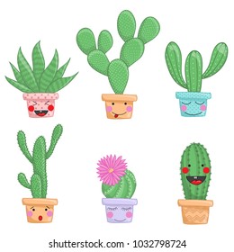 Set of six illustrations of cute cartoon cactus and succulents with funny faces in pots and with plants. Can be used for cards, invitations or like sticker.