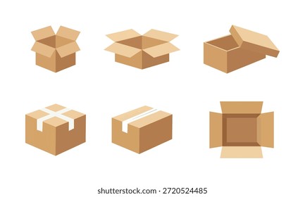 Conjunto de seis ilustraciones que representan diferentes tipos de cajas de cartón corrugado marrón. Incluye vistas abiertas, cerradas, grabadas y de arriba hacia abajo, perfectas para conceptos de logística o comercio electrónico.