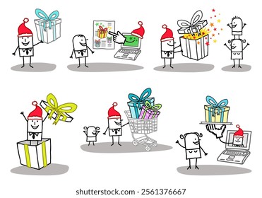 Set of six illustrations - Hand drawn cartoon stick characters shopping and offering big Gifts with ribbons, for Christmas time -