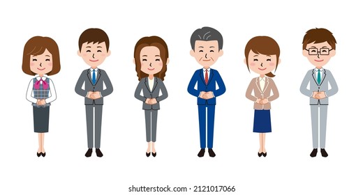 A Set Of Six Illustrations Of Male And Female Smiling Office Workers.