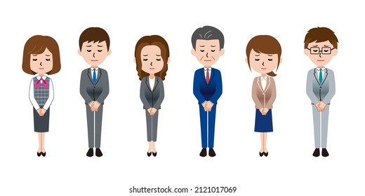 A set of six illustrations of male and female apologizing office workers.