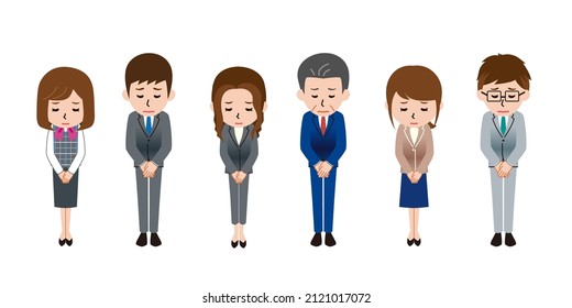 A set of six illustrations of male and female apologizing office workers.
