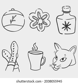 A set of six illustrations in the New Year or Christmas theme. Line art icons for the design of social networks, gifts, labels, cards. Hand drawn elements with balloons, cookies, socks, coffee, cat.