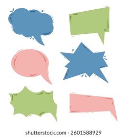 Set of six illustrations of speech bubbles in different shapes and colors. Suitable for comic book design, social media, websites, posters, presentations, and advertising. Flat vector.