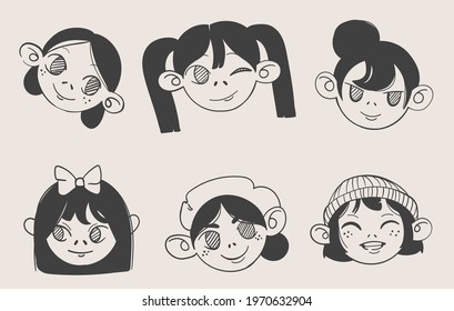 A set of six images of cartoon girls faces. A variety of vector hand-drawn cute icons for social media, avatars, profile pictures. Fashionable girls with hairstyles. Monochrome graphics from lines.