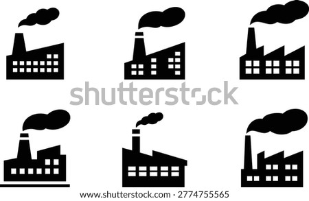 Set of six industrial factory building icons with smoke plumes for pollution concept