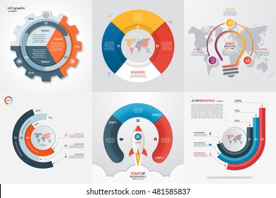 Set of six infographic 3 options, steps, parts, processes templates. Business concept for graphs, charts, diagrams. Vector illustration.