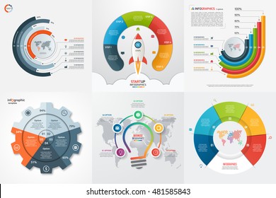 Conjunto de seis opciones de infografía 5, pasos, piezas, plantillas de procesos. Concepto de negocio para gráficos, gráficos, diagramas. Ilustración vectorial.