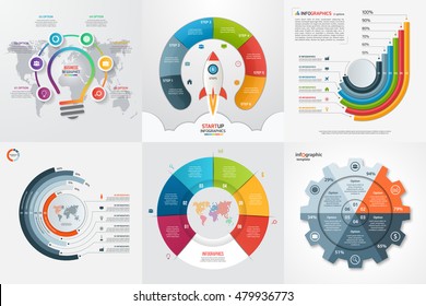 Set of six infographic 6 options, steps, parts, processes templates. Business concept for graphs, charts, diagrams. Vector illustration.