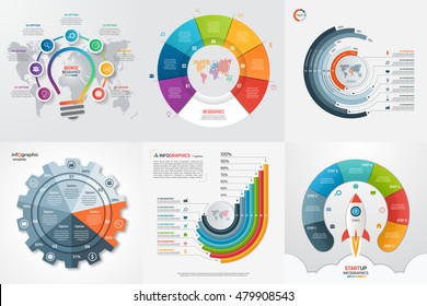 Set of six infographic 7 options, steps, parts, processes templates. Business concept for graphs, charts, diagrams. Vector illustration.
