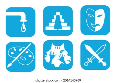 Set Of Six Infographics Icons. Water, Mayan Pyramid, Sword Fighting, Creativity, Theater, Sand Animation.