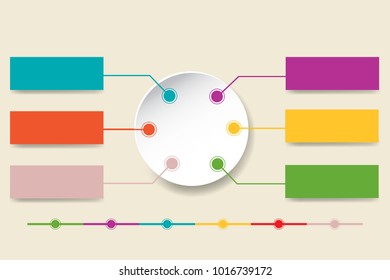 Set of six infographics rectangles with blank circle in the centre ready for your text. Colorful link of steps in the lower part of vector.