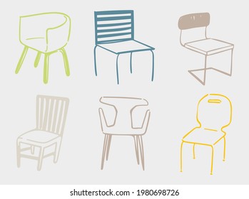 A set of six interior items. Hand drawn furniture illustrations. Minimalistic outlines of unusual, original chairs and armchairs for restaurants, terraces, home design, fashion catalogs, brochures.