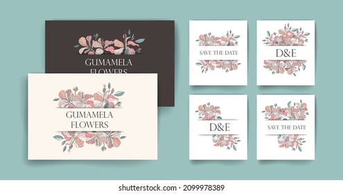 A set of six invitation templates with a place for text in the center. Two of them are rectangle and four are square, all templates are made in a boho style. Used flowers of hibiscus and gumamela. 