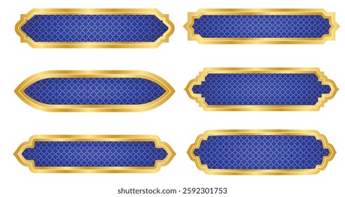 Set of six Islamic decorative nameplates. Arabic-style labels with golden ornate borders and blue geometric pattern background. Vector collection for invitation, greeting card, and design template